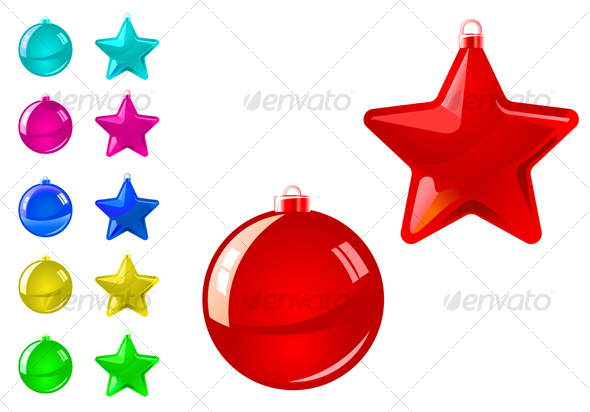 Glossy holiday balls and stars - Decorative Symbols Decorative