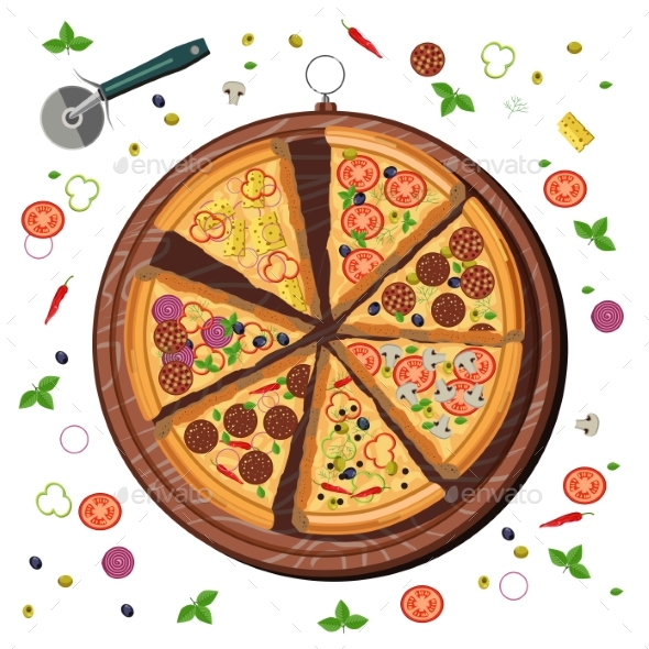 Pizza Ingredients on Wooden Cutting Board Vector - Food Objects