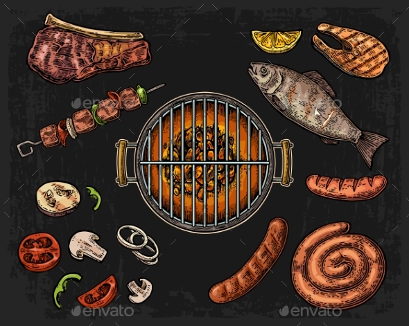 Barbecue Grill Top View with Charcoal - Food Objects