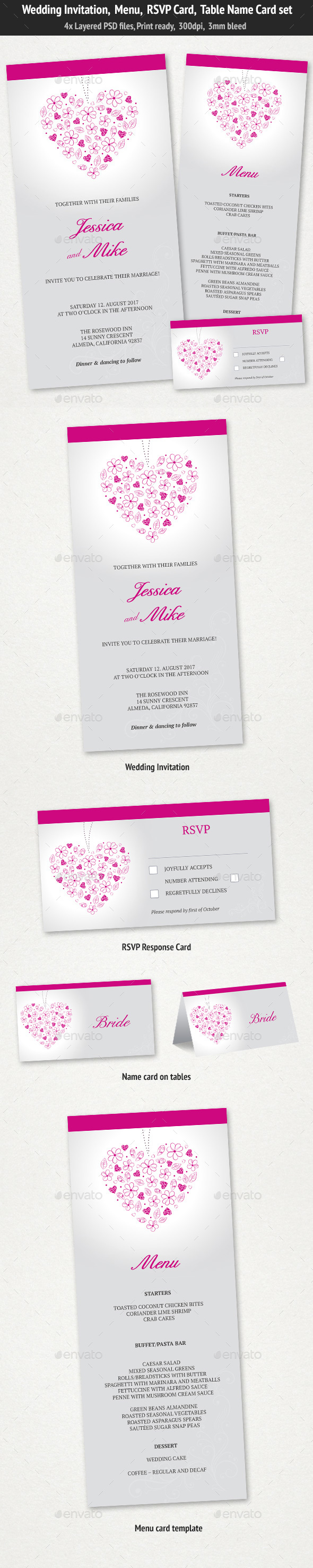Wedding Invitation, Menu & RSVP Card Set - Weddings Cards & Invites