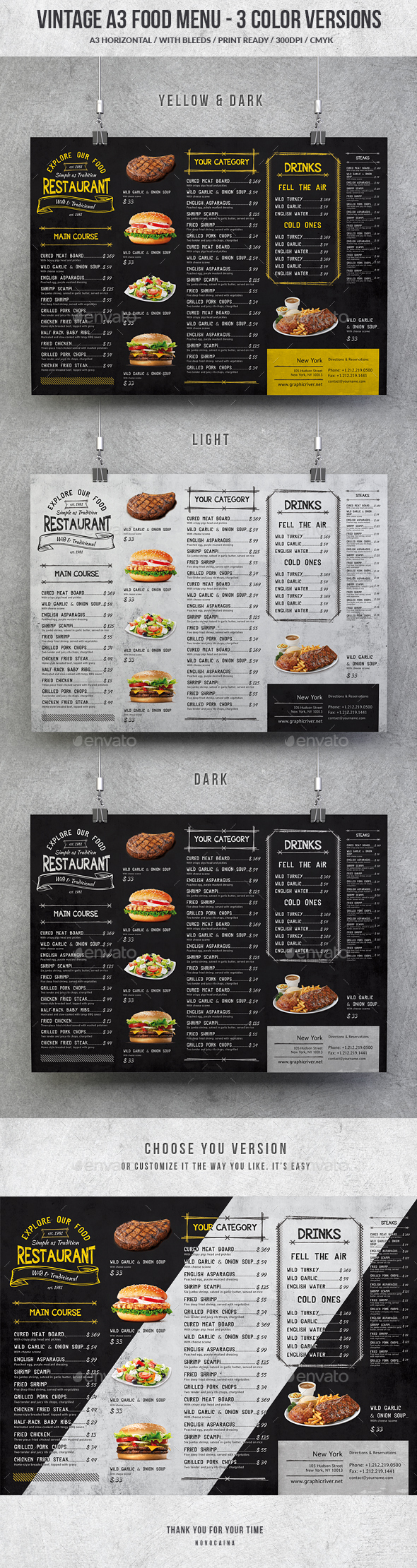 Vintage A3 Food Menu - 3 Color Versions - Food Menus Print Templates