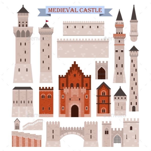 Medieval Castle Parts Like Gates, Walls, Towers - Buildings Objects