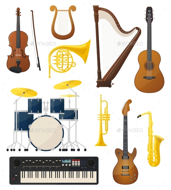 Guitar and Drums, Violin, Lyre Music Instruments - Landscapes Nature