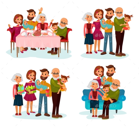 Family at Dinner Table, on Sofa and with Gifts - People Characters