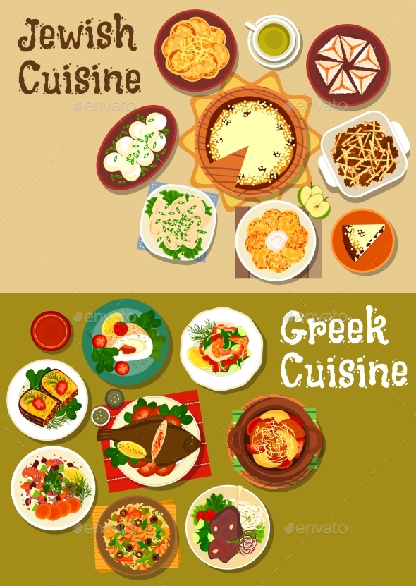 Greek and Jewish Cuisine Dinner Dishes Icon - Food Objects