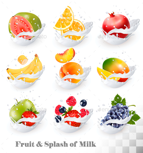 Big Сollection Of Fruit And Berries In Milk Splash. - Food Objects