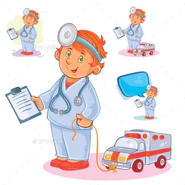 Set Vector Icons of Small Child Doctor and His Toy - People Characters