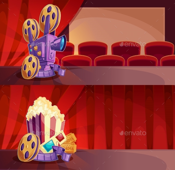 Set of Vector Cartoon Banners with a Cinema Hall - Backgrounds Decorative