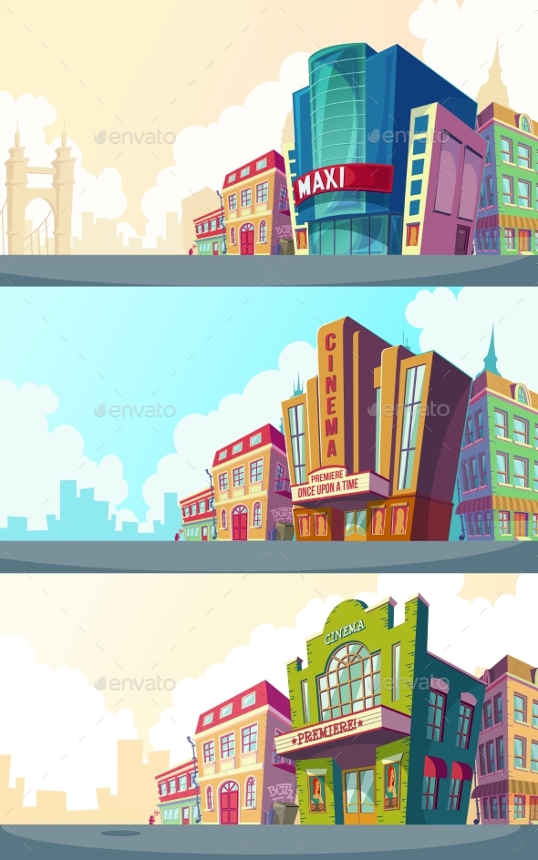 Set Vector Cartoon Illustration of an Urban - Buildings Objects