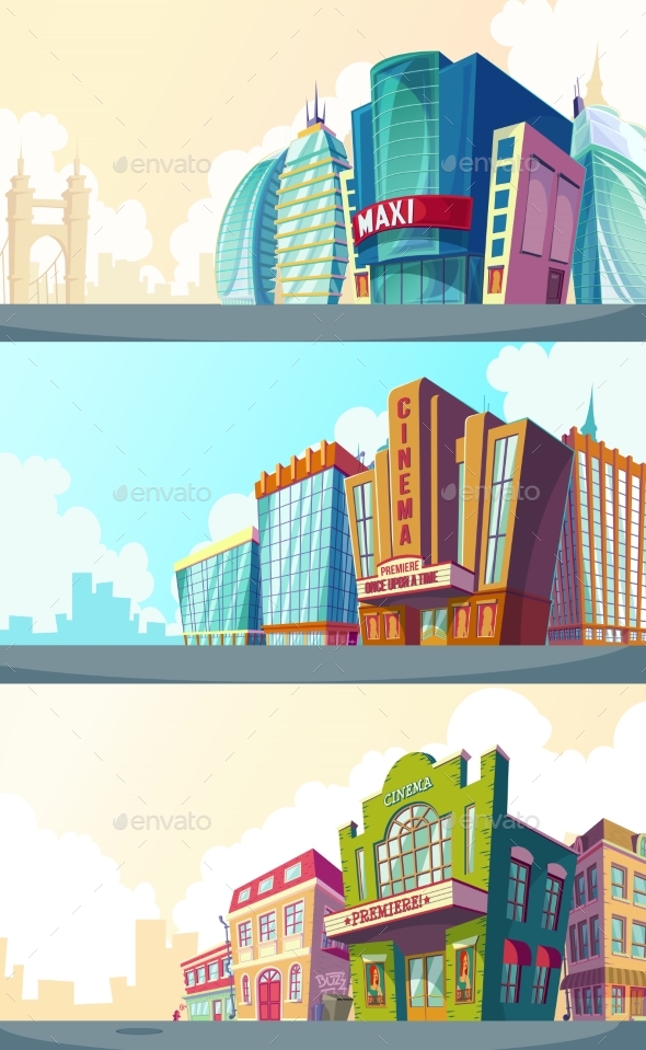 Set Vector Cartoon Illustration of an Urban - Buildings Objects
