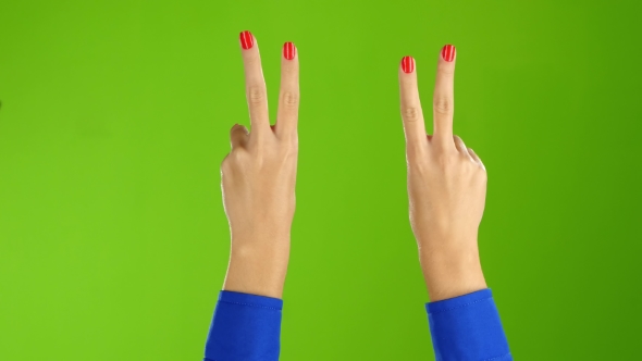 Green Screen Studio. Two Hands Show a Gesture of Peace alt
