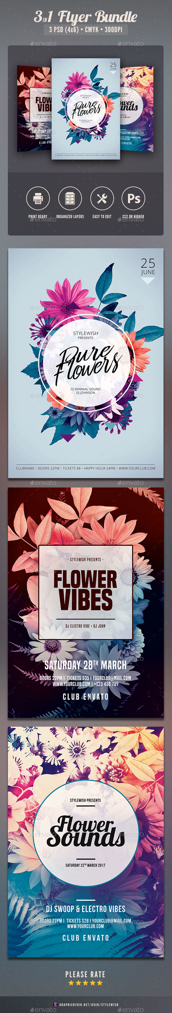 Hipster Flowers Flyer Bundle - Clubs & Parties Events
