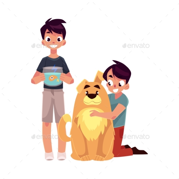 Two Boys Hugging Fluffy Dog - People Characters
