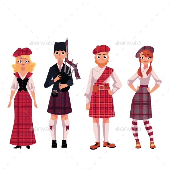 Scottish People in Traditional National Costumes - People Characters
