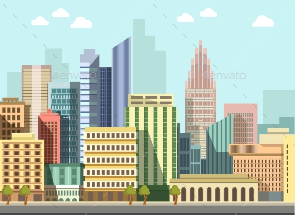 Modern Urban City Landscape Vector Flat Day - Buildings Objects