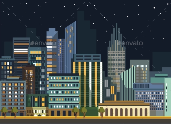Modern Urban City Landscape Vector Flat Night - Buildings Objects