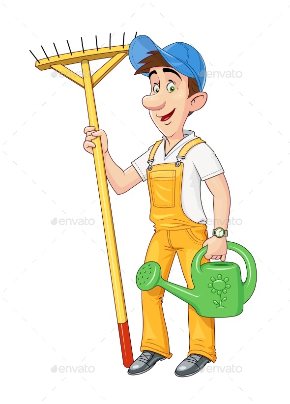 Gardener with Rake and Watering Can - People Characters