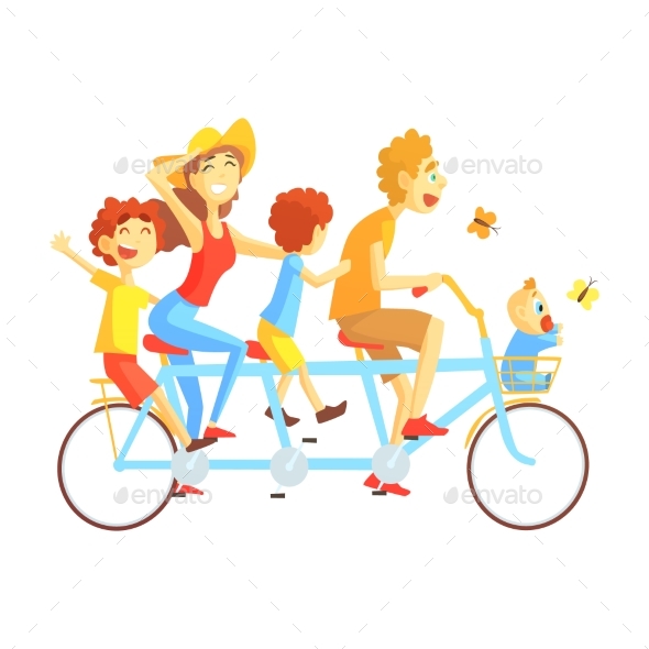 Parents and Kids on Triple Seat Bicycle Riding - People Characters