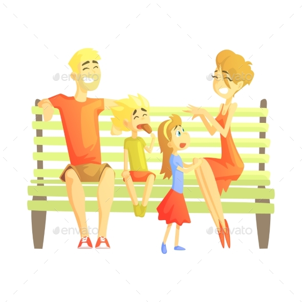 Parents, Son and Daughter Sitting On Park Bench - People Characters