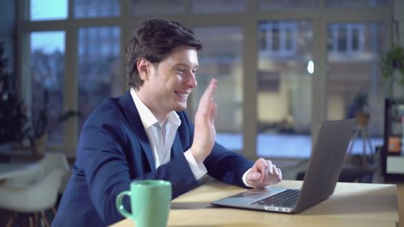 Guy Has Video Phone Conversation Use Computer for Calling. alt