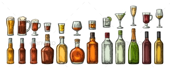 Set Glass and Bottled Alcohol - Food Objects