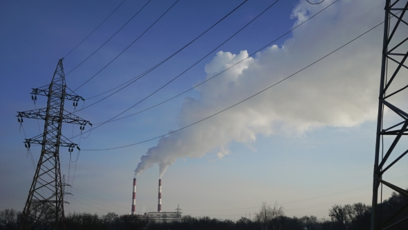 Power Lines and Pipe Smoke Power Plant