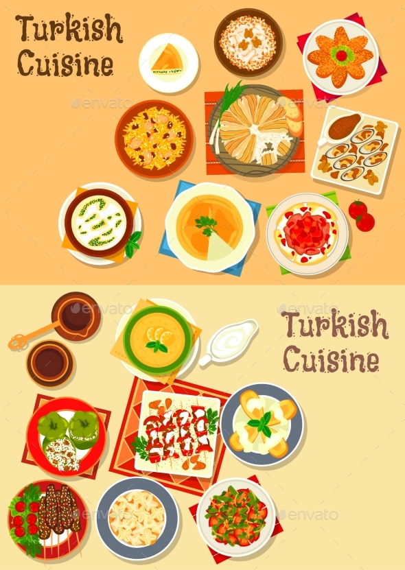 Turkish Cuisine Traditional Dinner Dishes Icon - Food Objects
