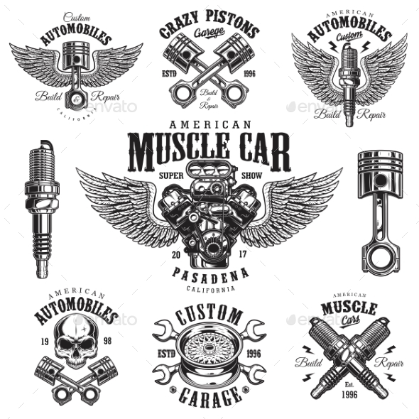 Set of Vintage Monochrome Car Repair Emblems - Miscellaneous Vectors