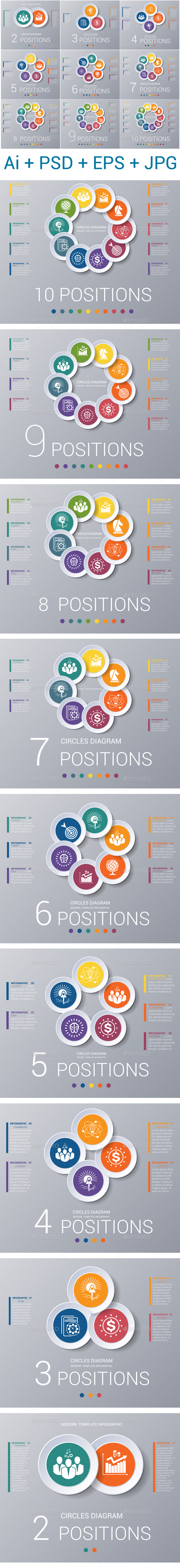 Circles diagram, data Elements For Template infographics 2,3,4,5,6,7,8,9,10 positions. - Infographics