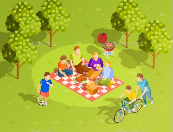 Family Summer Countryside Picnic Isometric View