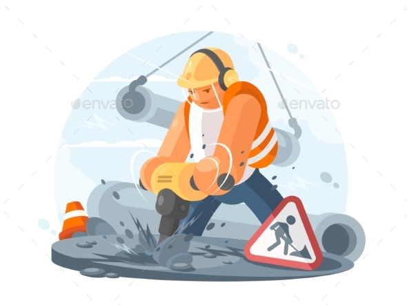Road Worker with Puncher - People Characters