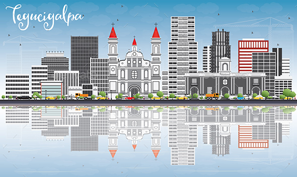 Tegucigalpa Skyline with Gray Buildings, Blue Sky and Reflections - Buildings Objects