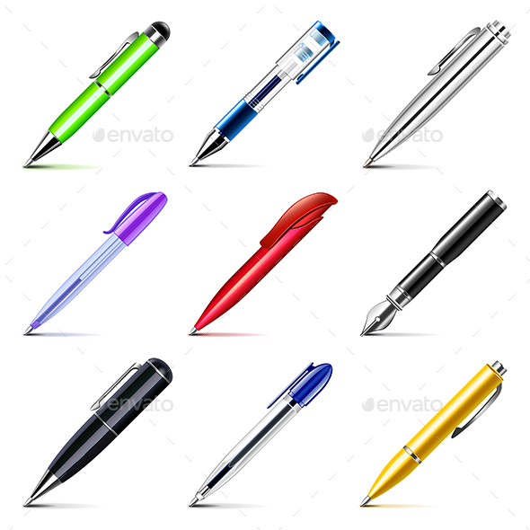 Different Pens Icons Vector Set - Man-made Objects Objects