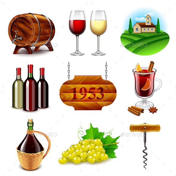 Wine and Winemaking Icons Vector Set - Food Objects