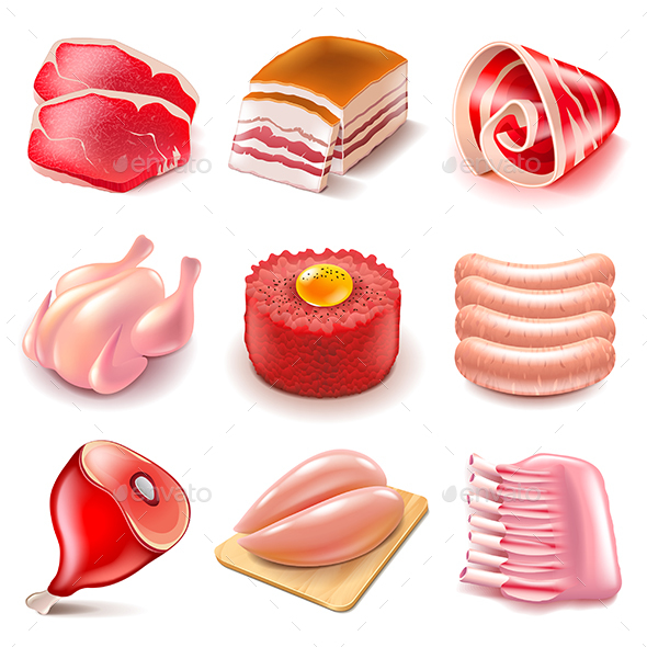 Raw Meat Icons Vector Set - Food Objects