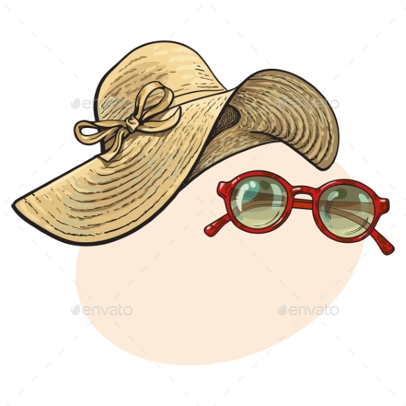 Straw Hat with Wide Flaps and Sunglasses in Red - Miscellaneous Vectors