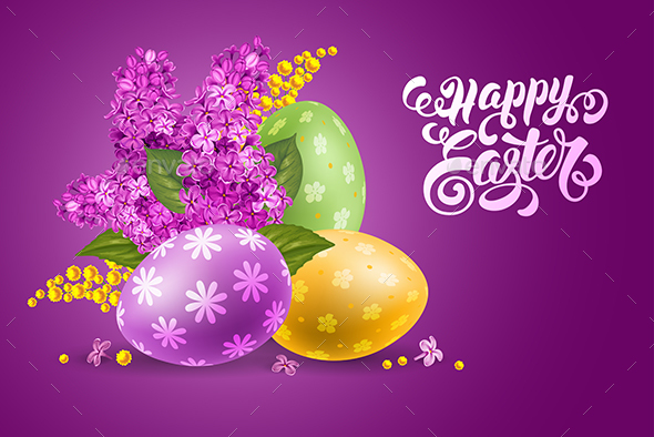 Happy Easter with Colored Eggs and Spring Flowers - Religion Conceptual