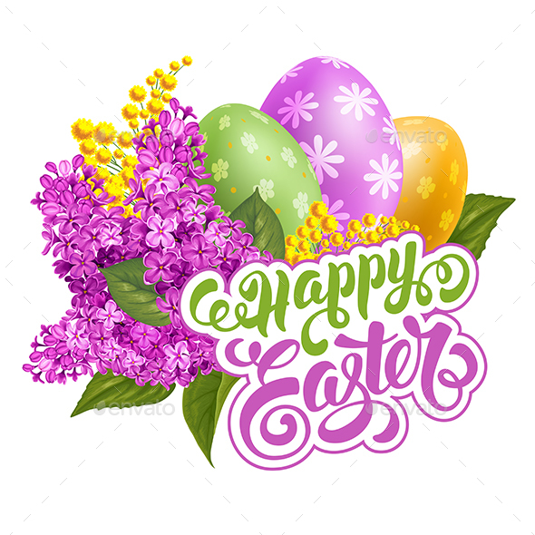 Happy Easter with Colored Eggs and Spring Flowers - Miscellaneous Seasons/Holidays