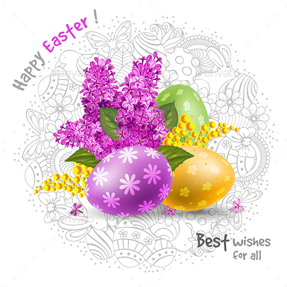 Happy Easter With Colored Eggs And Spring Flowers - Miscellaneous Seasons/Holidays