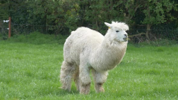 White Alpaca Eating A Grass In The Green Pasture At Castle View Open Farmland In Ireland, County Lao alt