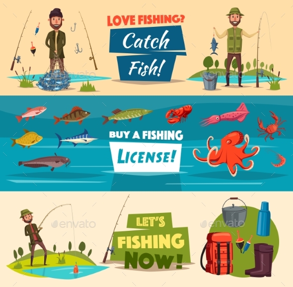 Fishing Banner Set with Fishermen and Fish - Sports/Activity Conceptual