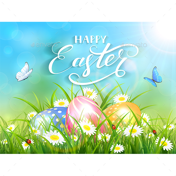 Blue Background with Three Easter Eggs in Grass - Miscellaneous Seasons/Holidays