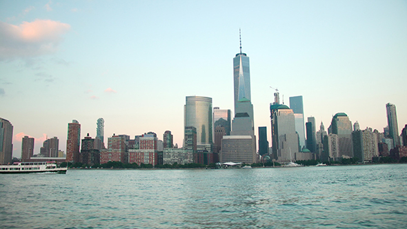Boat Moving On River By Skyscrapers At Lower Manhattan alt