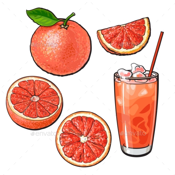 Whole, Half, Quarter Grapefruit and Glass of Juice - Food Objects