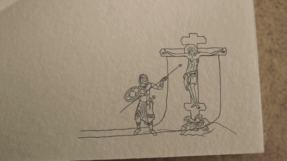 A Man Raised Jesus on the Cross and Pierced His Chest with a Spear. Animation