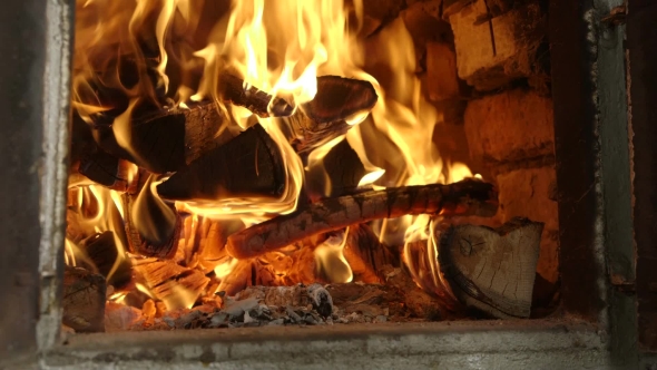 Burning Fire in Old Authentic Ukrainian Oven