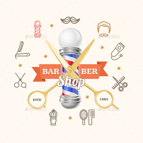 Barber Shop Emblem with Gold Scissors and Pole - Decorative Symbols Decorative