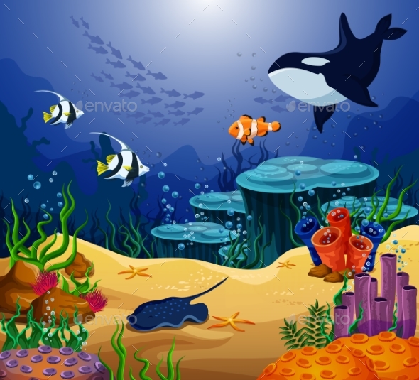 Ocean or Sea Fish, Killer Whale and Stingray - Animals Characters