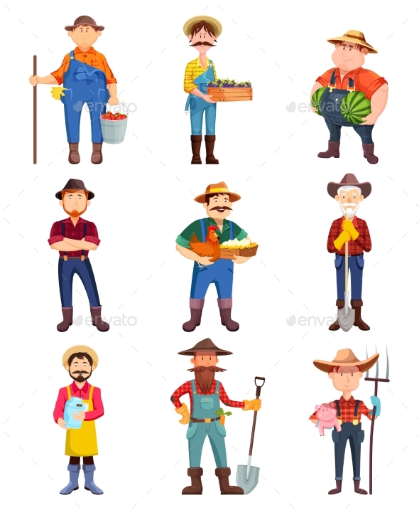 Farmers with Hen and Pig, Gardener with Shovel - Animals Characters