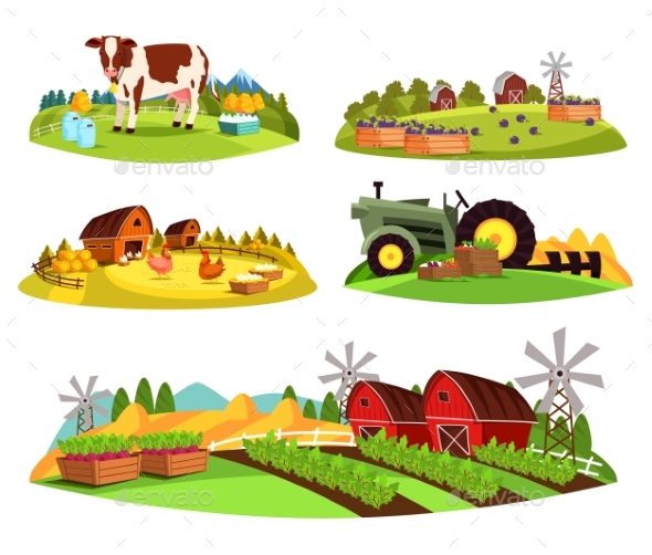 Village Countryside Views on Garden and Barn - Animals Characters